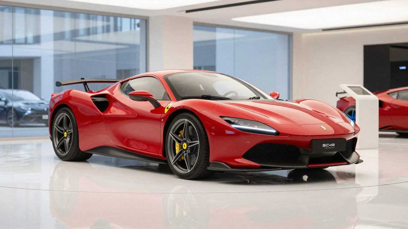 Carro esportivo Ferrari vermelho modelo SF90 Stradale exposto em showroom moderno com piso branco brilhante.