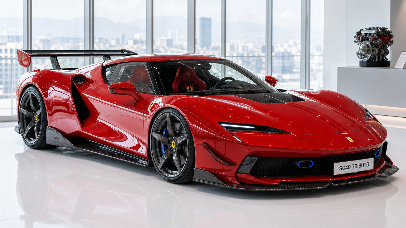 Carro esportivo Ferrari SC40 Tributo vermelho em showroom com piso branco e janelas panorâmicas ao fundo.