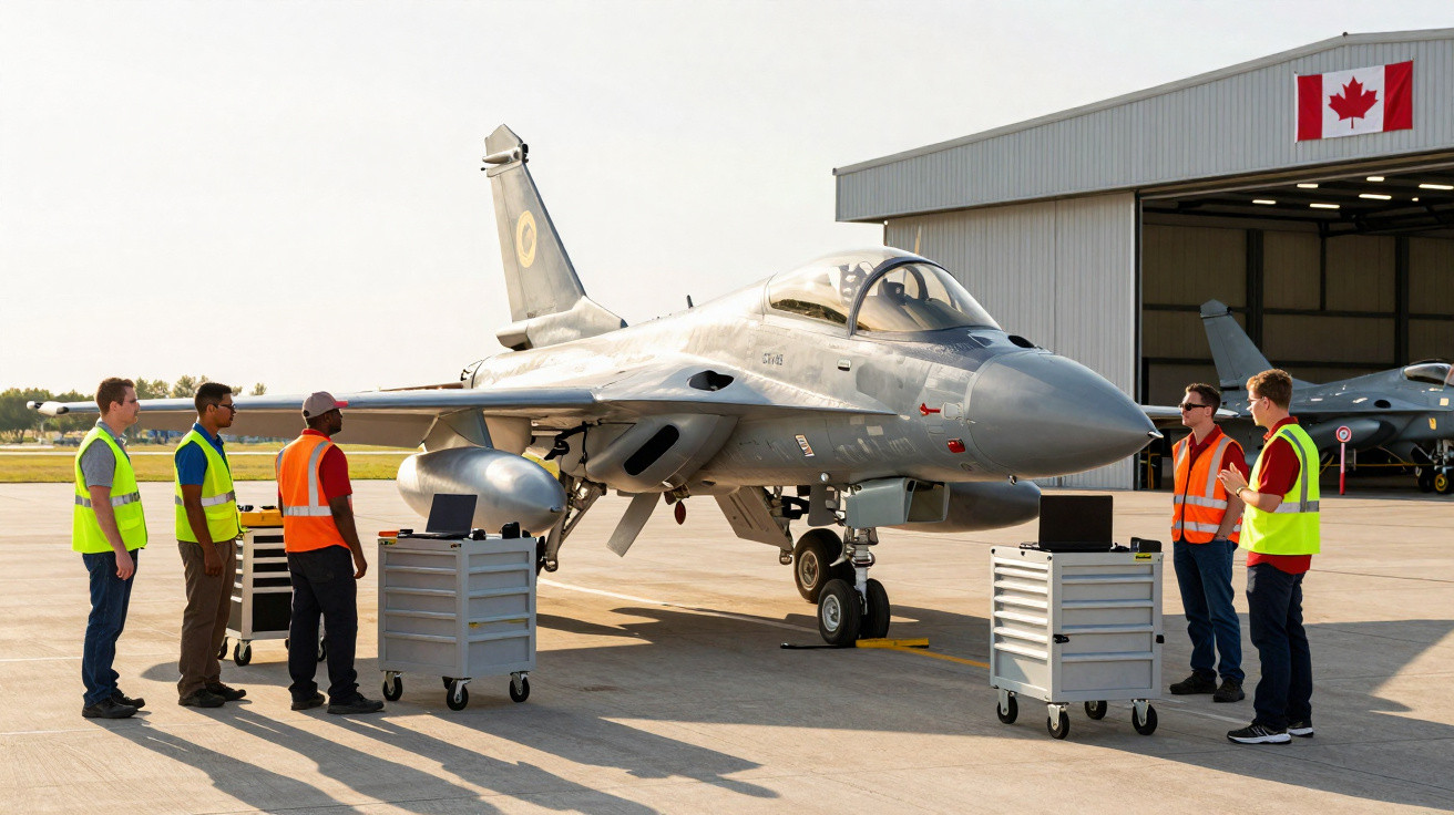 Técnicos inspecionam caça militar cinza estacionado em pista na frente de hangar com bandeira do Canadá.