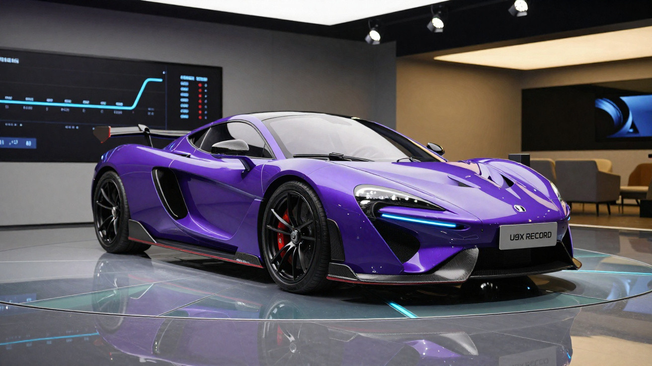 Carro esportivo roxo McLaren U9X Record em exibição em salão com iluminação moderna.