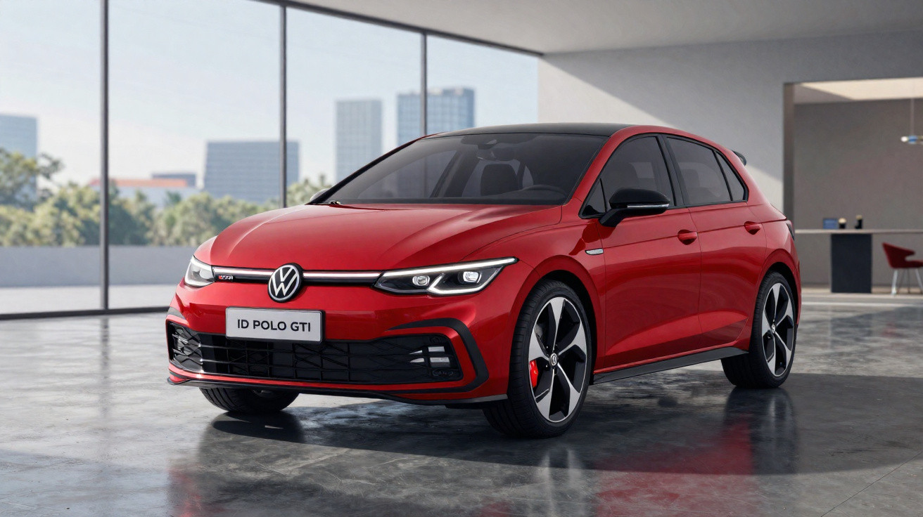 Carro Volkswagen ID Polo GTI vermelho estacionado em ambiente interno moderno com vista urbana ao fundo.