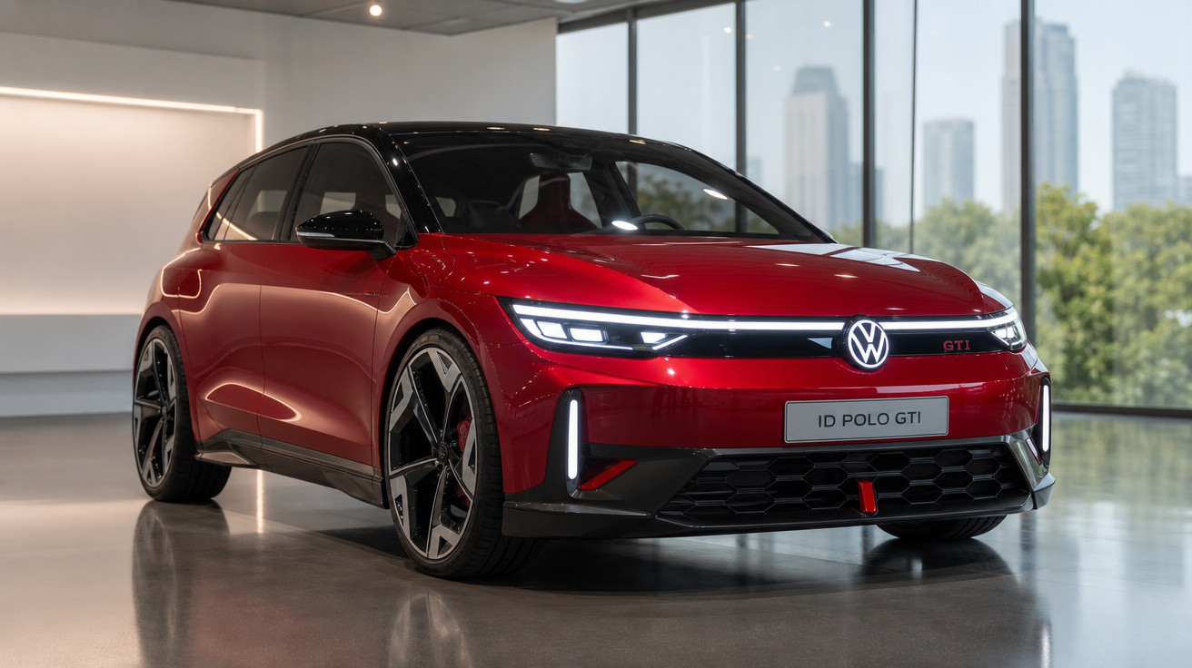 Carro elétrico vermelho Volkswagen ID Polo GTI estacionado em ambiente interno com janelas grandes ao fundo.