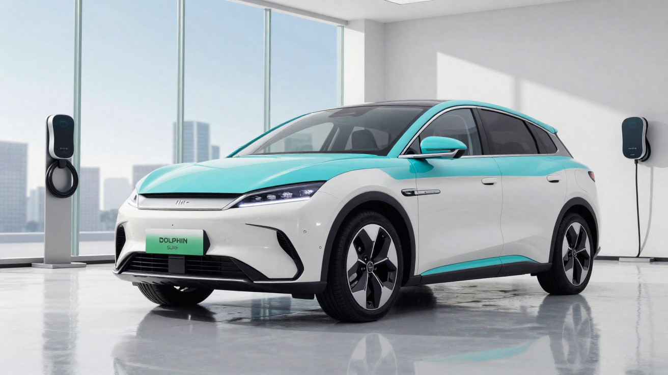 Carro elétrico branco e verde em showroom moderno com carregadores elétricos ao fundo.