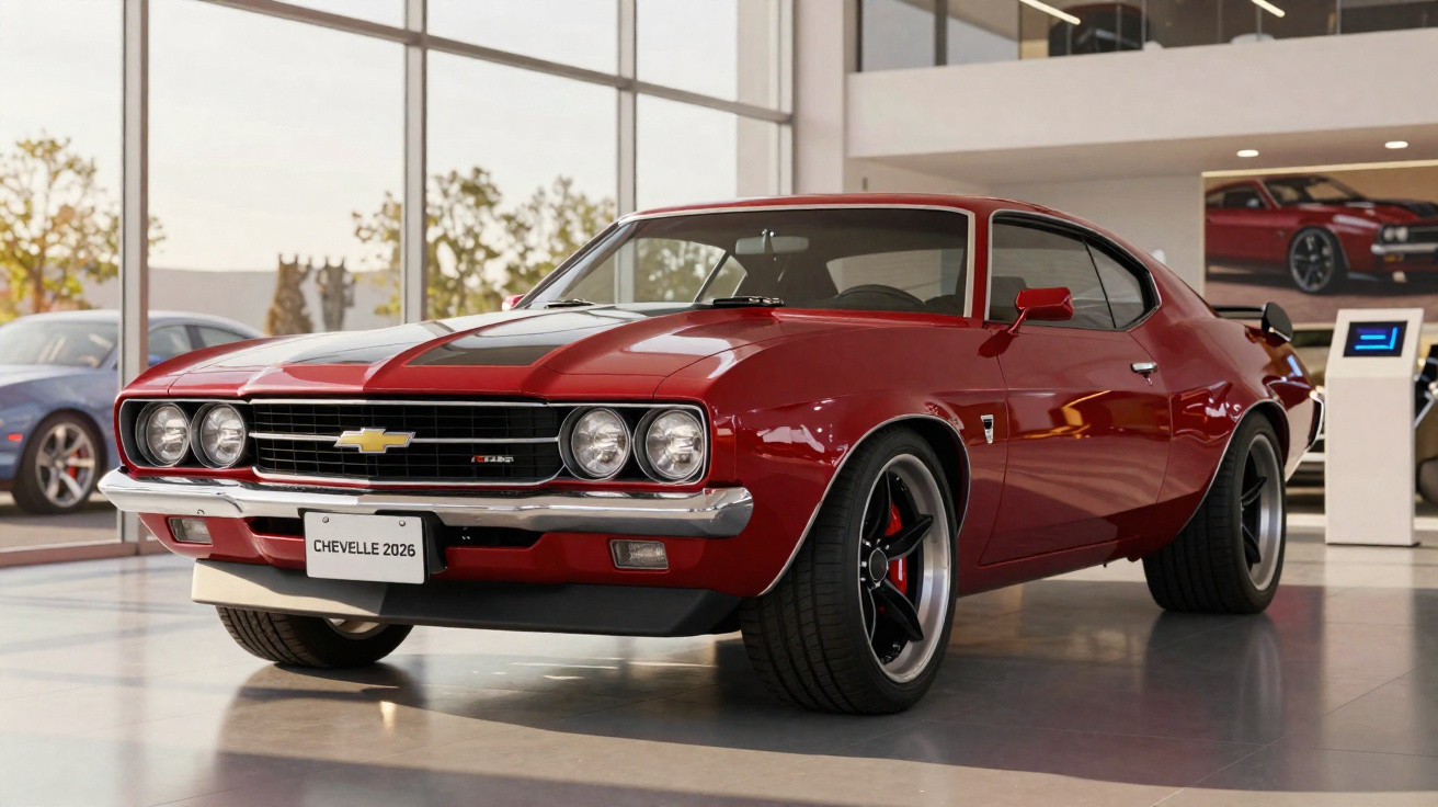 Carro esportivo clássico vermelho, Chevrolet Chevelle 2026, em exibição interna com janelas amplas ao fundo.
