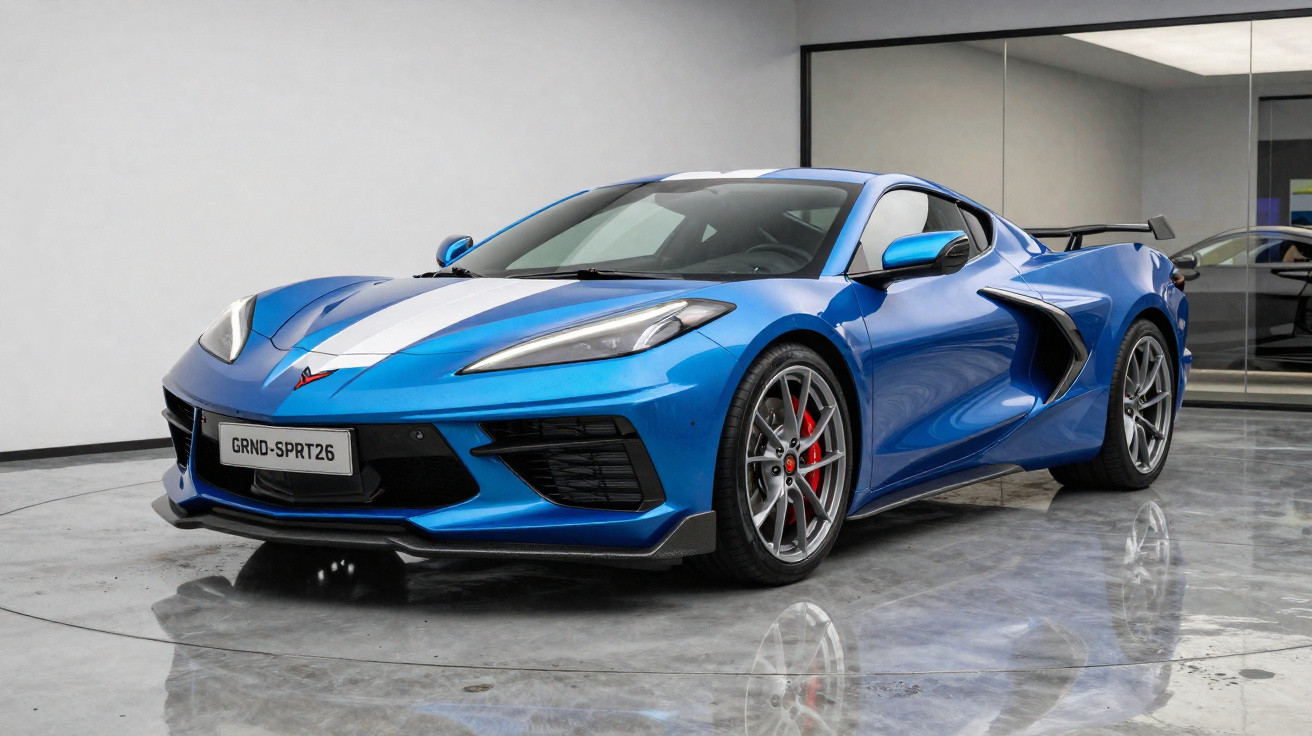 Carro esportivo azul com faixa branca no capô, placas personalizadas, em ambiente de showroom moderno.
