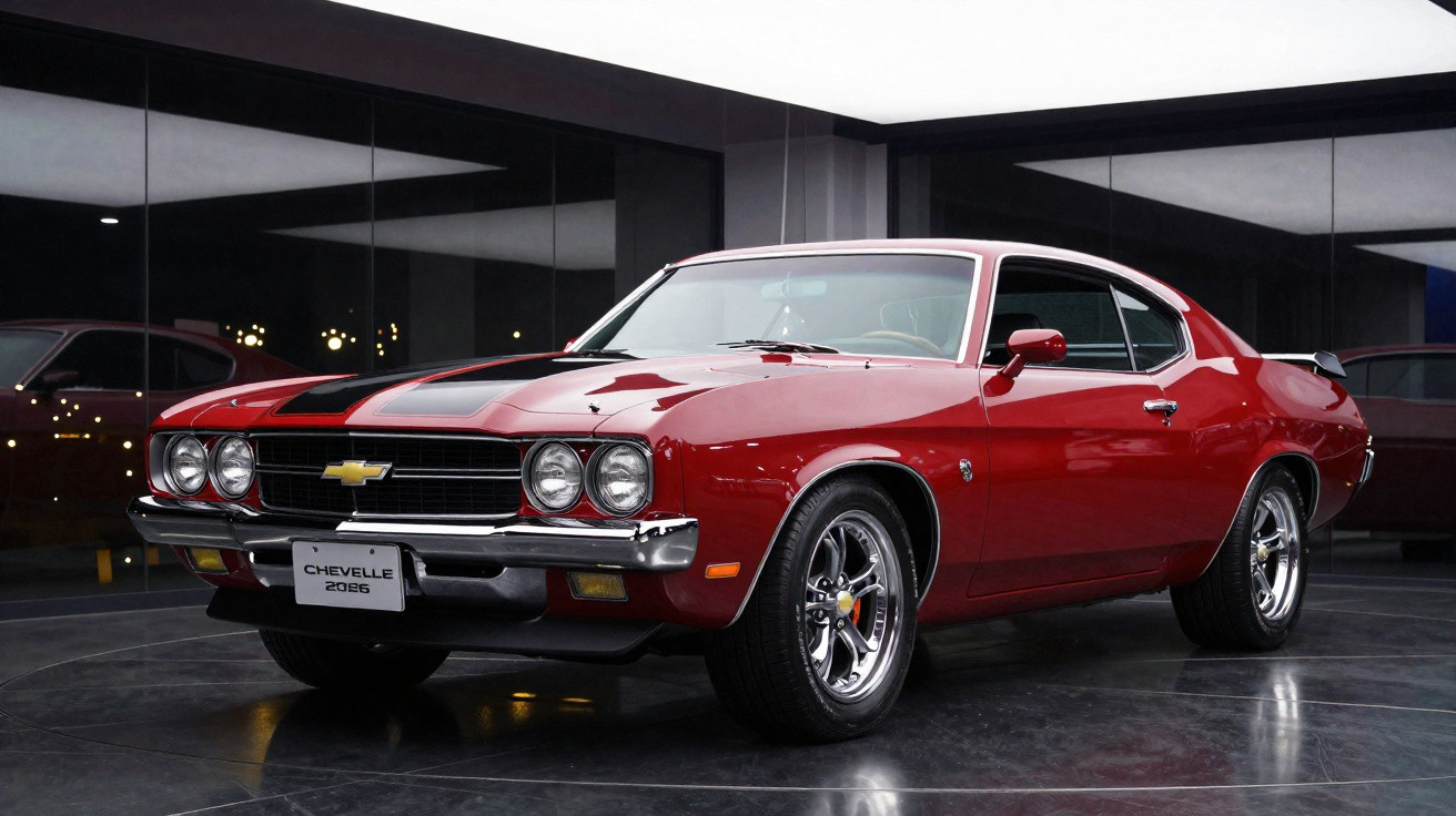 Carro clássico Chevrolet Chevelle 2065 vermelho com listras pretas, exposto em ambiente moderno com piso refletivo.