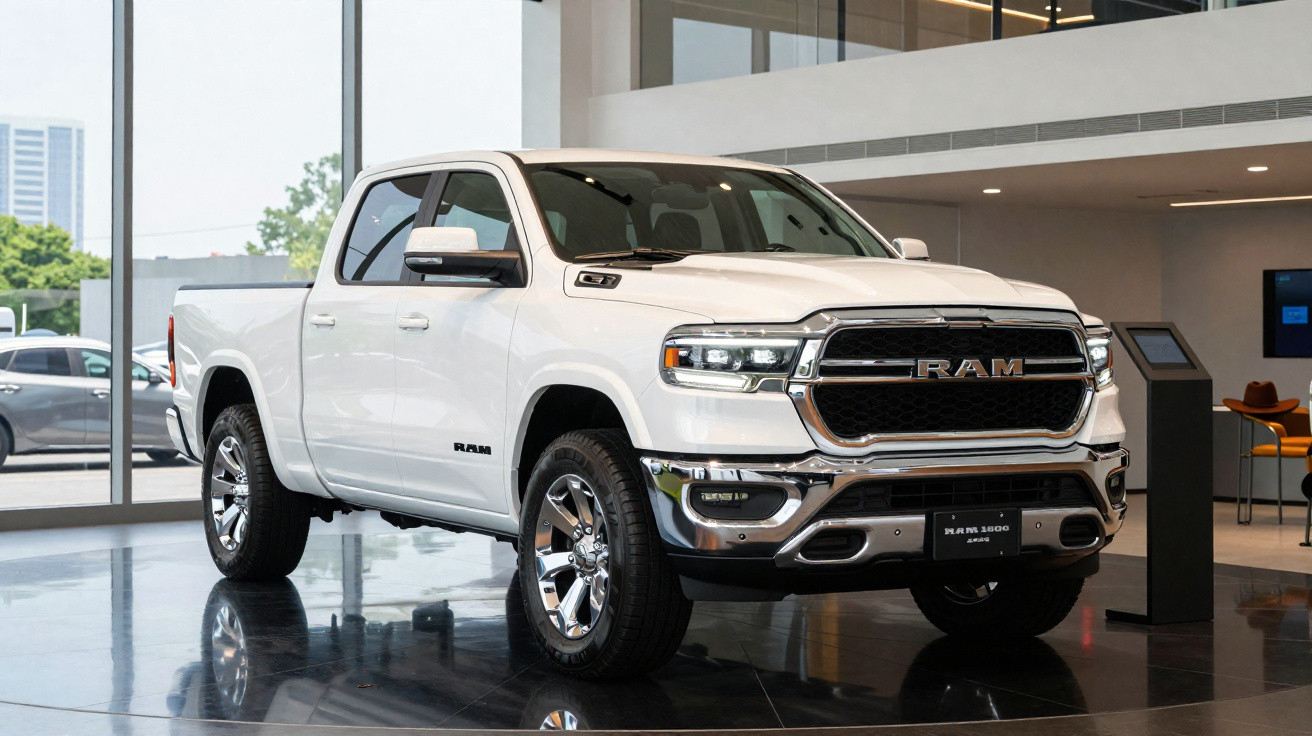 Picape branca RAM 1500 exibida em showroom moderno com piso brilhante e paredes de vidro.
