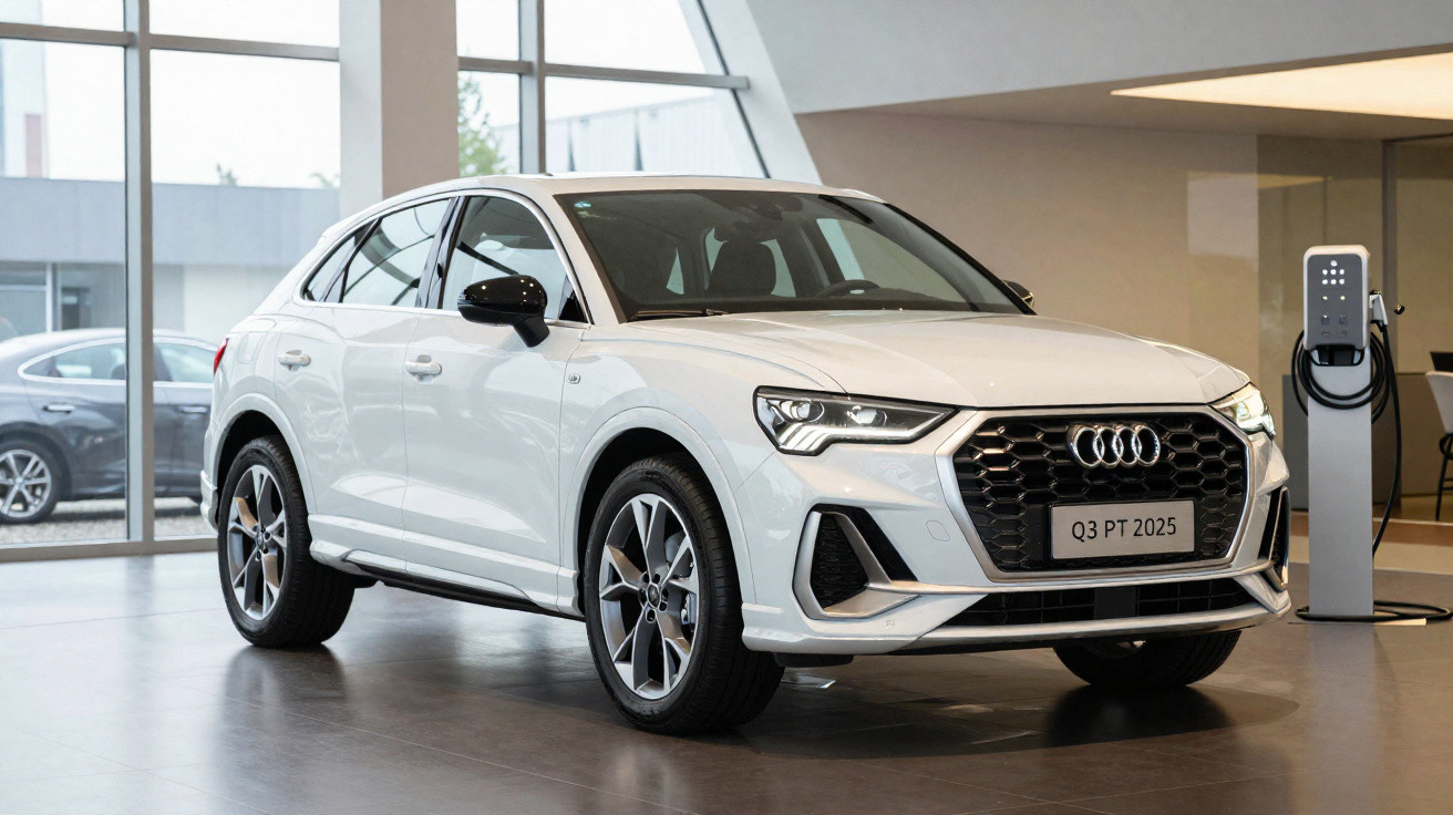 Carro Audi Q3 branco 2025 em showroom com carregador elétrico ao fundo.