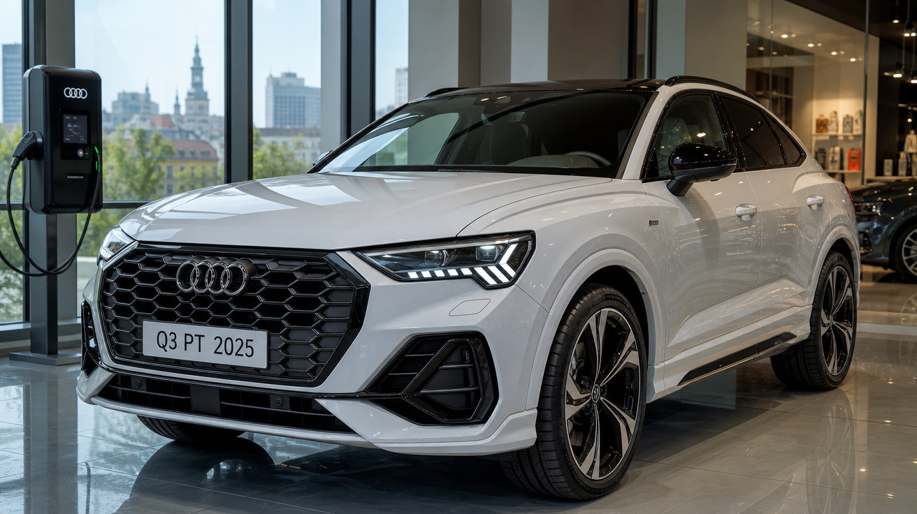 Carro Audi Q3 branco estacionado em showroom, próximo a ponto de recarga elétrica.
