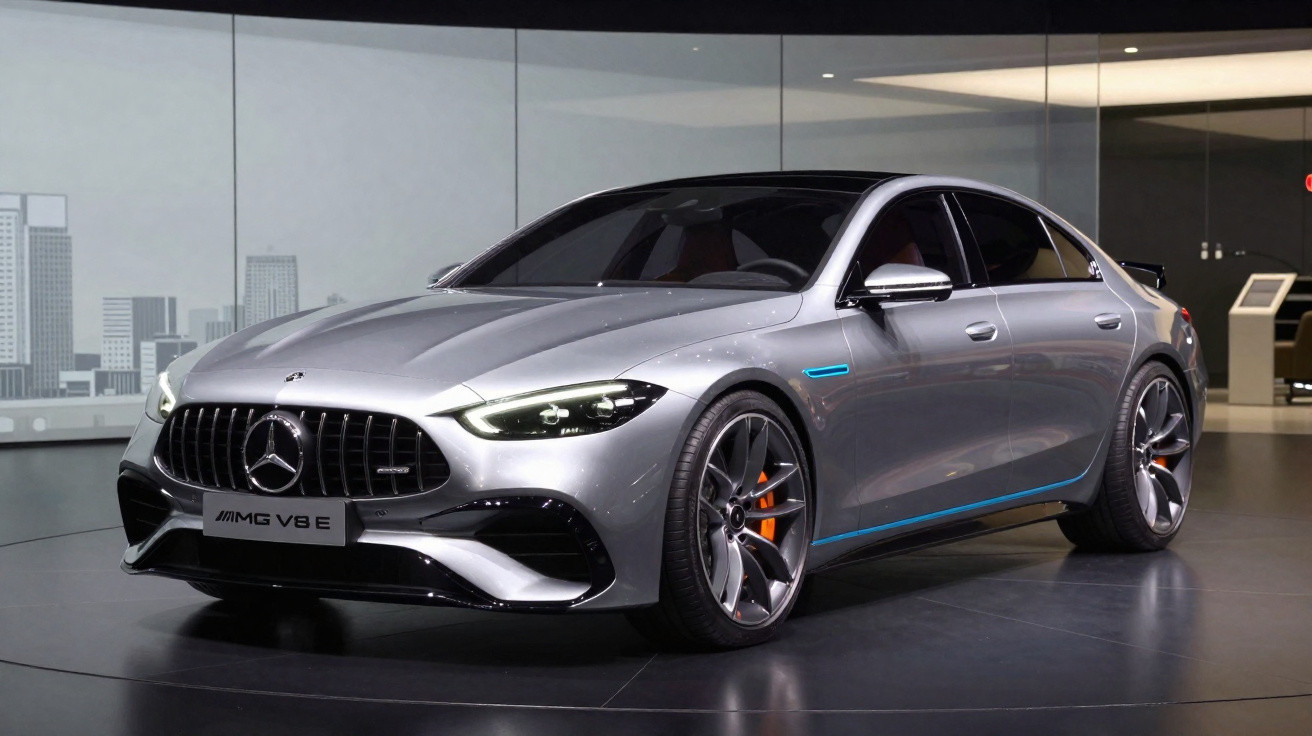 Carro esportivo Mercedes-AMG V8 E prata em exibição, com rodas grandes e design moderno.