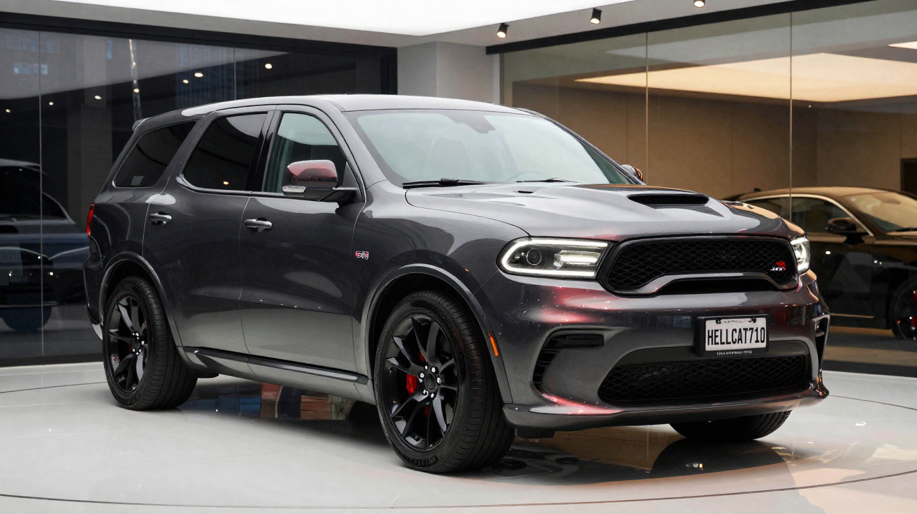 SUV esportivo Dodge Durango SRT Hellcat cinza em exposição numa sala com piso branco e paredes de vidro.