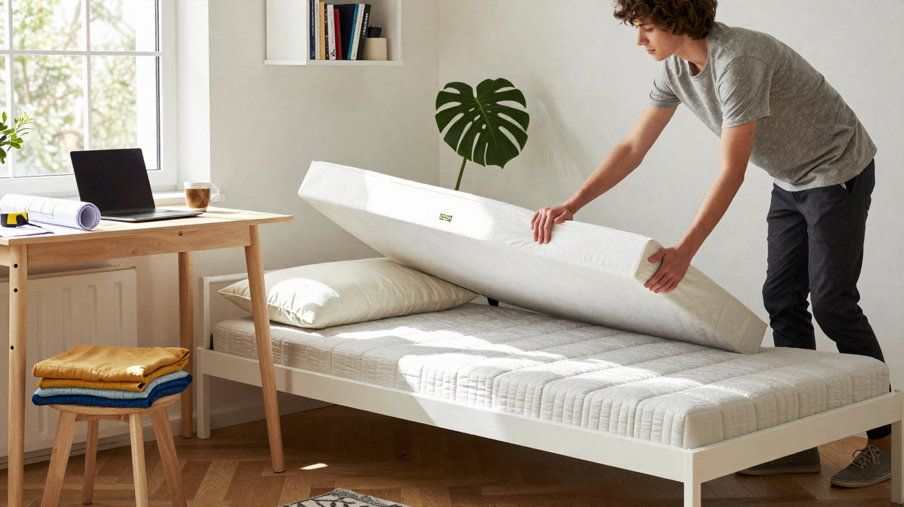 Pessoa arrumando uma cama com colchão branco em quarto iluminado e mobiliado com mesa e cadeira.