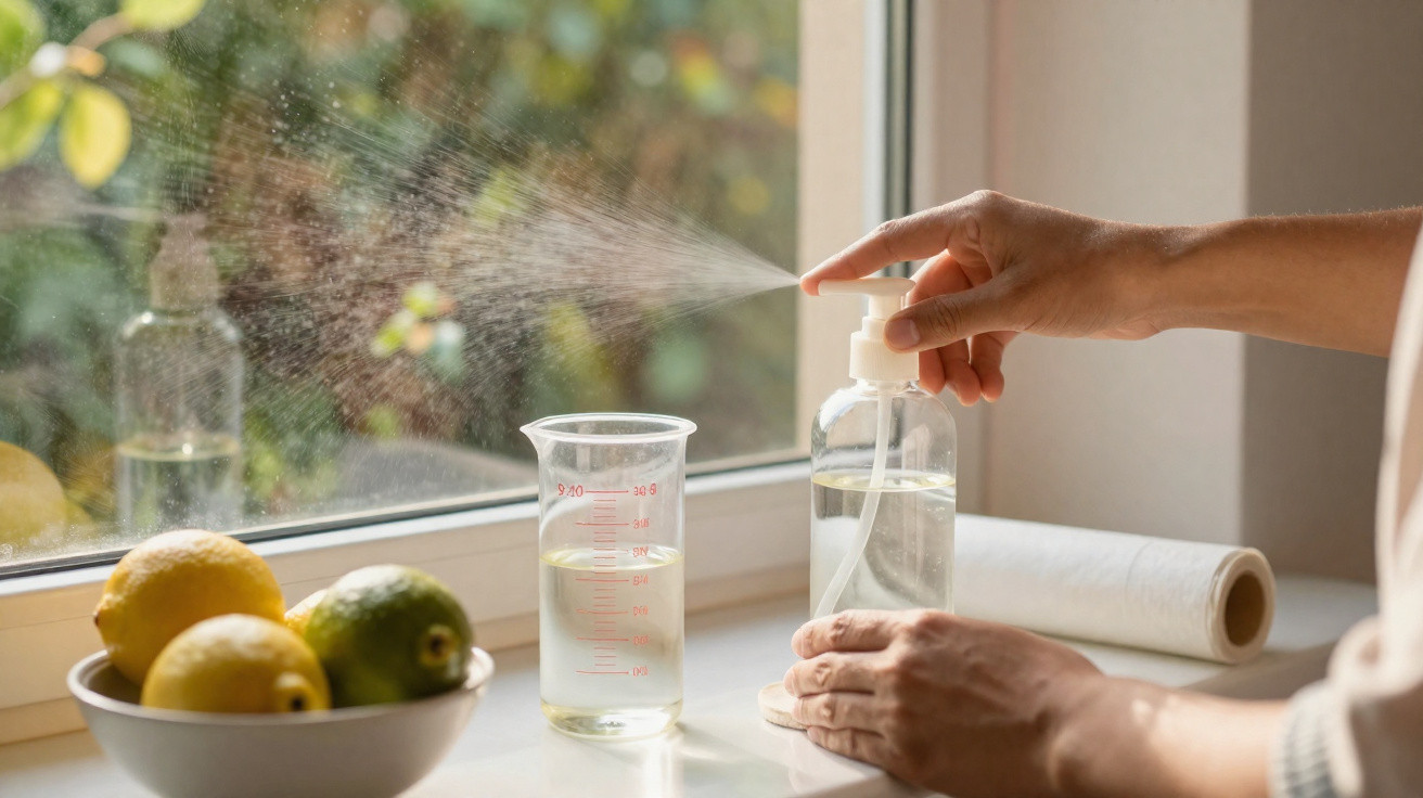 Mão borrifando spray em frasco transparente, perto de copo medidor com líquido e tigela com limões na janela.