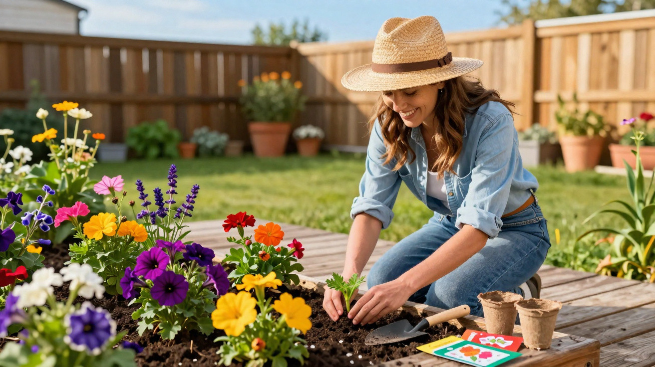 Mulher sorridente plantando flores coloridas em jardim, usando chapéu de palha e roupas jeans.