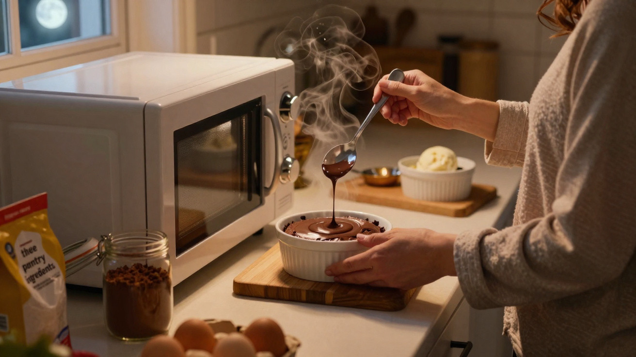 Pessoa mexendo mousse de chocolate quente em recipiente branco na cozinha à noite, com lua na janela.