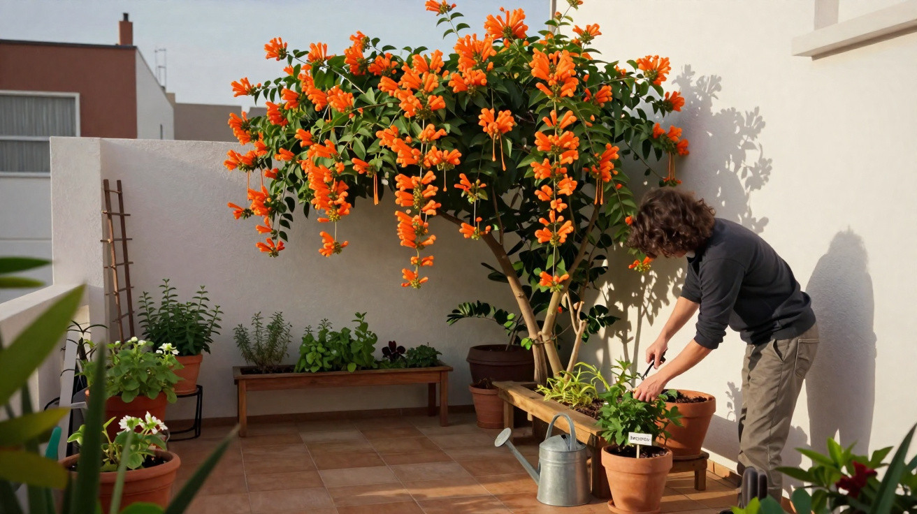 Pessoa cuidando de plantas em varanda com árvore florida de flores laranja e vasos variados.
