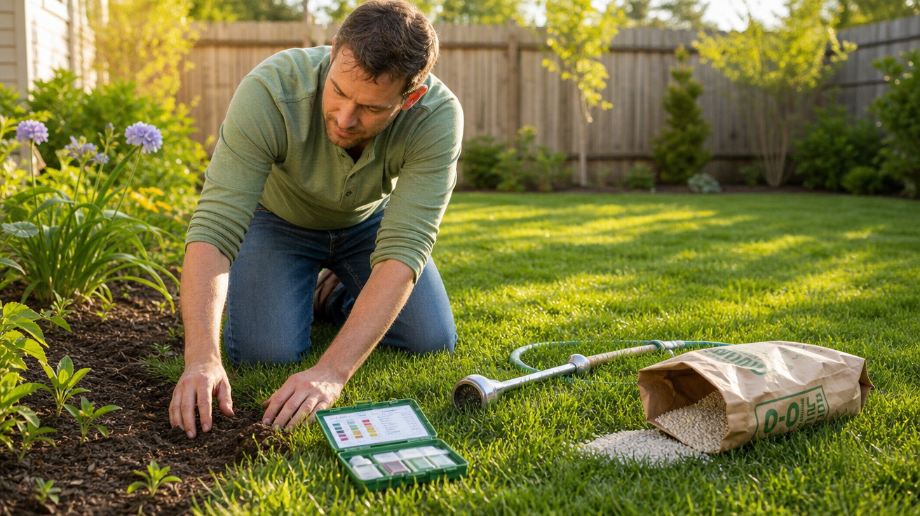 Homem ajoelhado no jardim cuidando das plantas com fertilizante e kit de teste do solo ao lado.