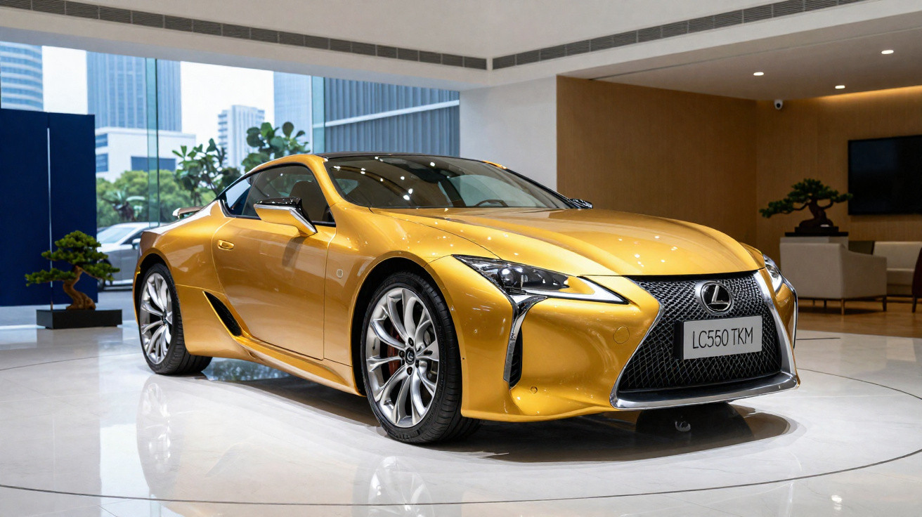 Carro esportivo Lexus LC 500 amarelo em exposição dentro de showroom moderno.