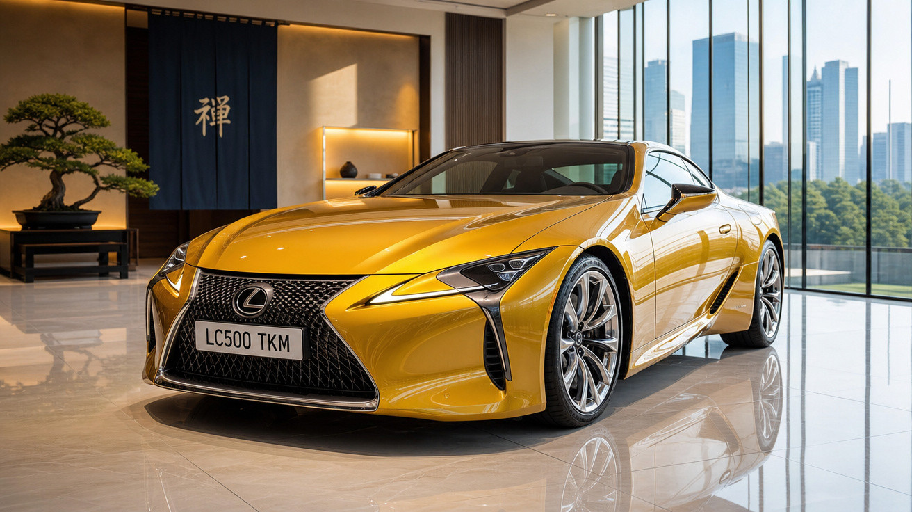 Carro esportivo Lexus LC500 amarelo brilhante em showroom moderno com janelas amplas e cidade ao fundo.