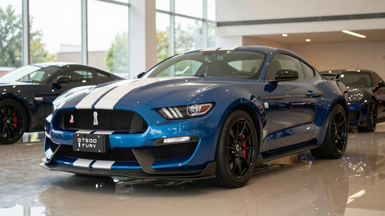 Carro esportivo azul com faixas brancas, rodas pretas e freios vermelhos em showroom iluminado.