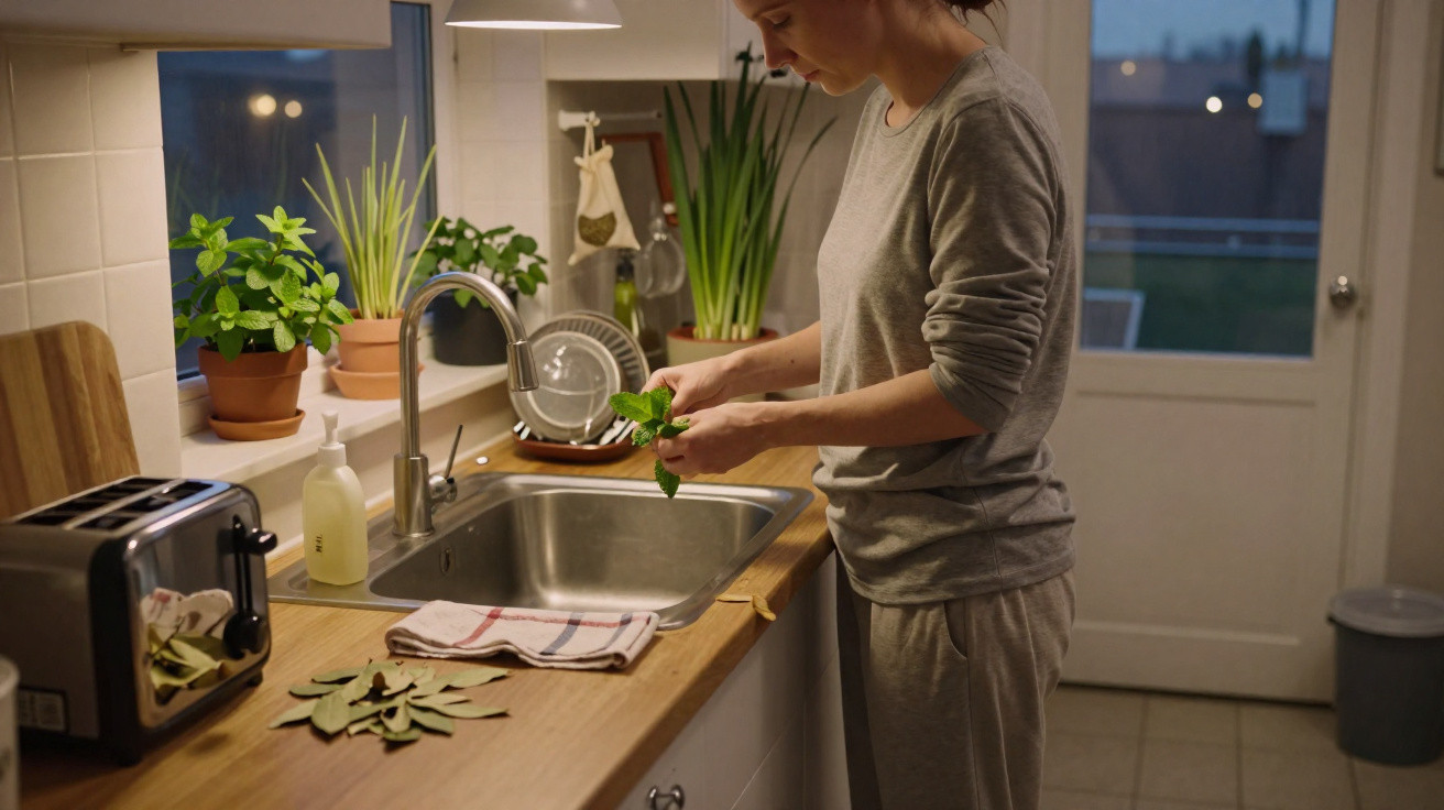 Mulher preparando ervas frescas em uma cozinha com plantas e utensílios ao redor ao anoitecer.