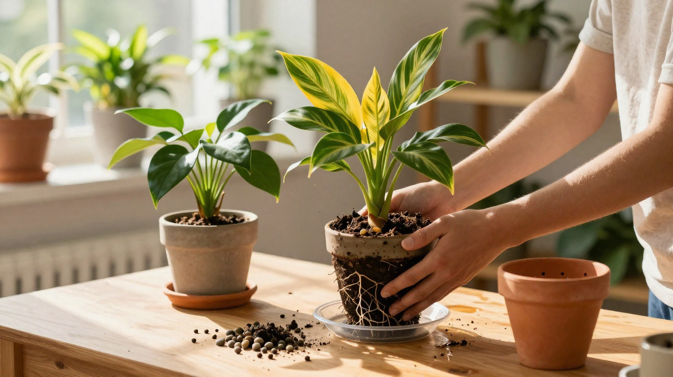 Pessoa transplantando planta com folhas verdes e amarelas em vaso de cerâmica sobre mesa de madeira.