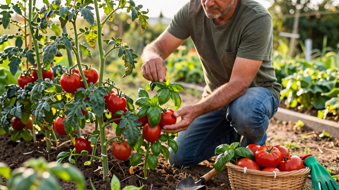 Homem colhendo tomates vermelhos maduros em horta com cesta cheia de tomates ao lado.