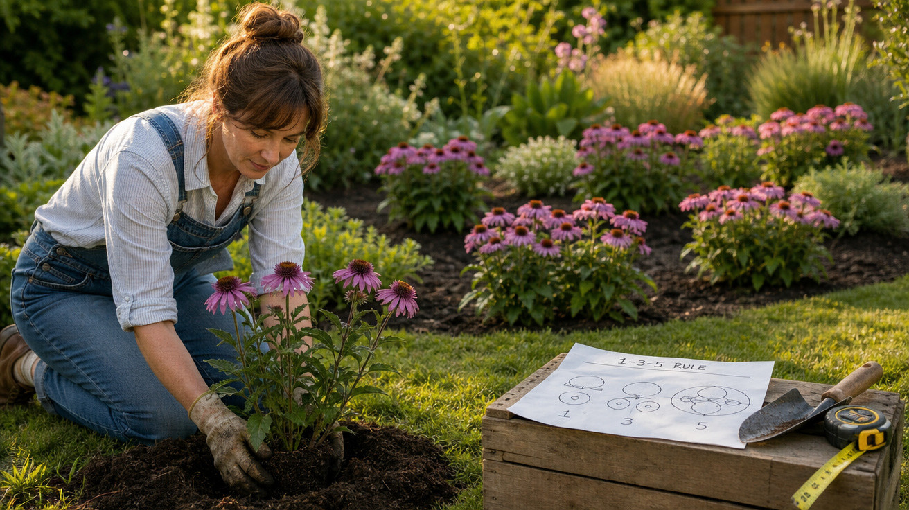 Mulher plantando flores roxas em jardim com luvas, ao lado de caixa de madeira com desenhos e ferramentas.