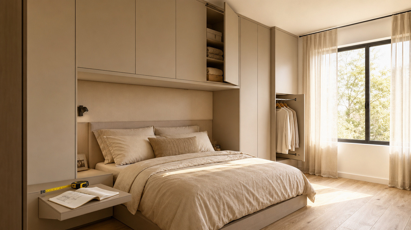 Quarto moderno com cama de casal, armários embutidos em tons neutros e janela com cortinas translúcidas.