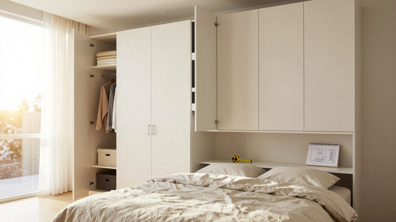Quarto iluminado com cama de roupa clara e armários brancos abertos, mostrando roupas e prateleiras organizadas.