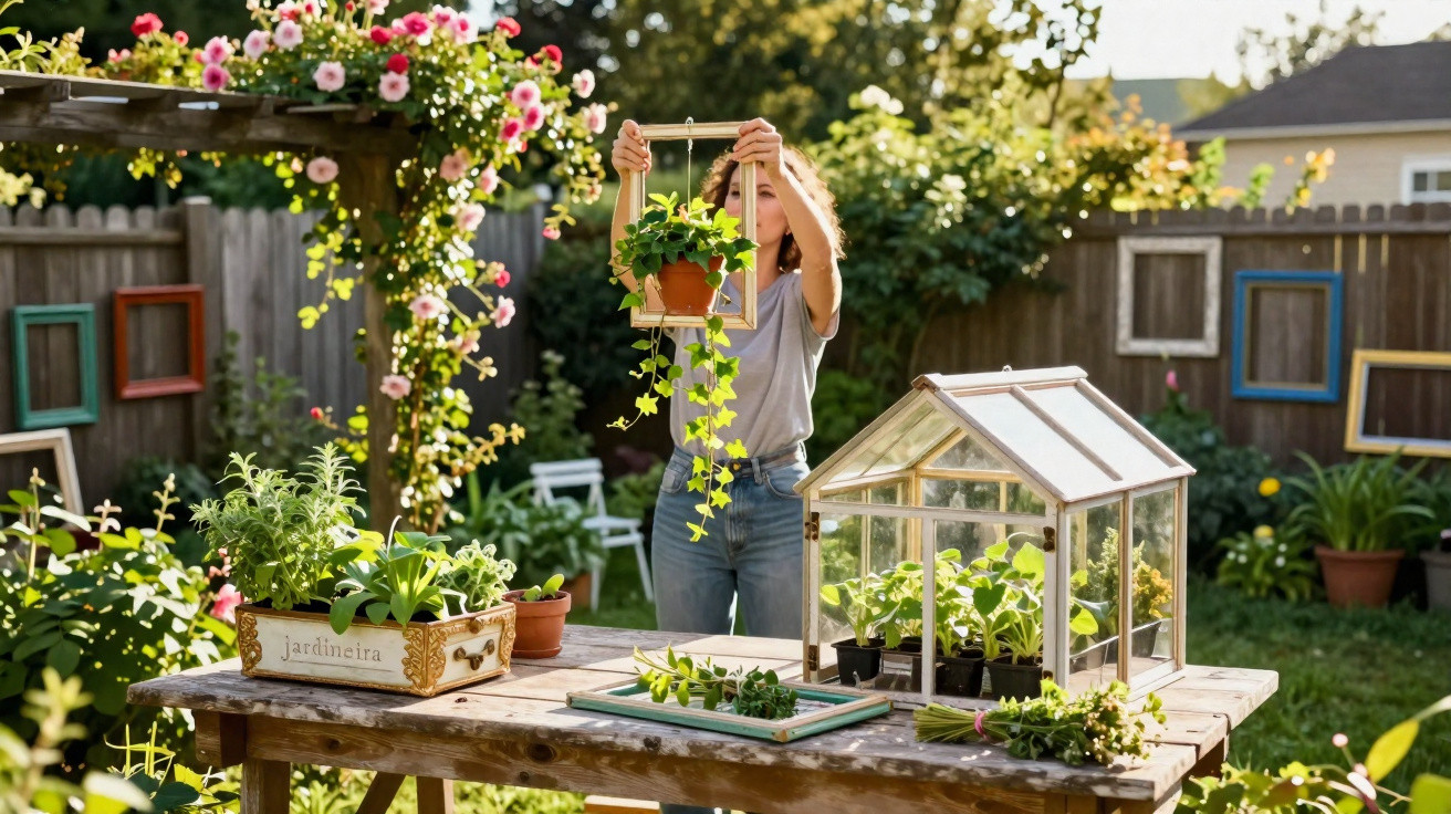 Mulher cuidando de plantas em uma mesa rústica de madeira em jardim ensolarado com estufa pequena.