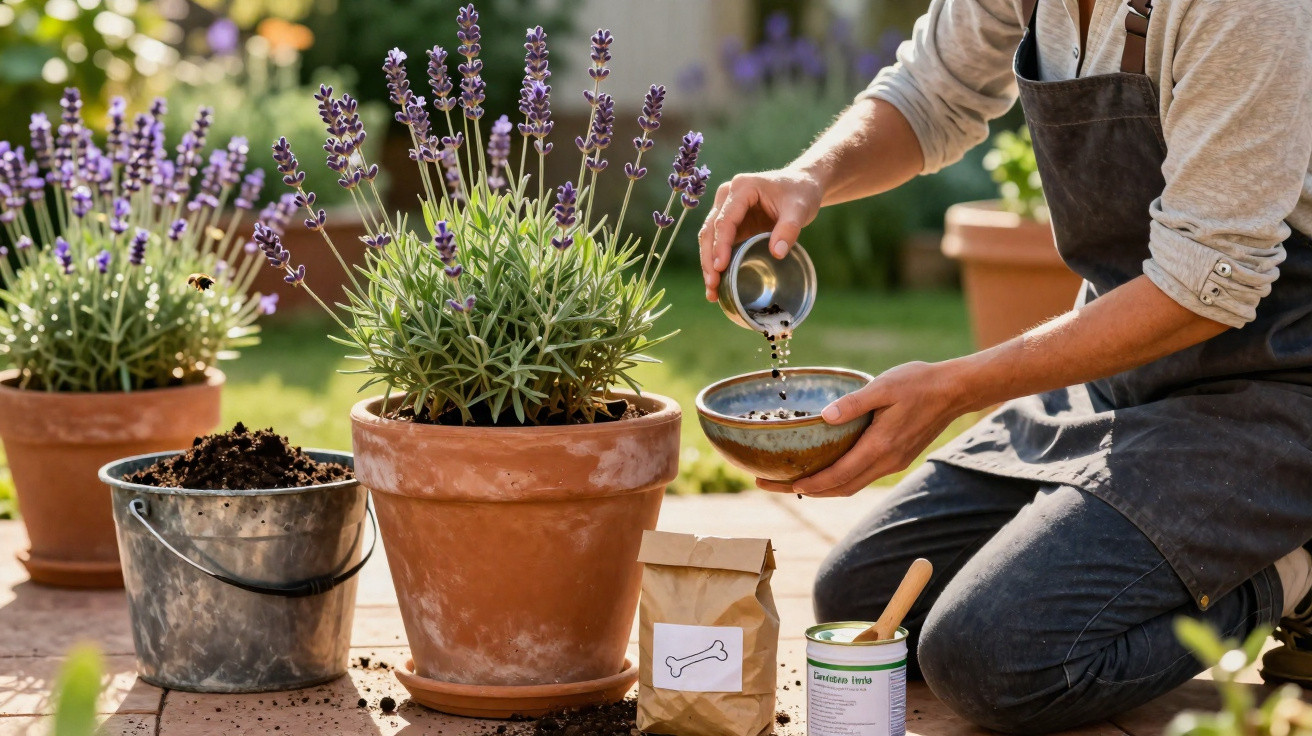Pessoa regando plantas de lavanda em vaso de barro em jardim ensolarado.