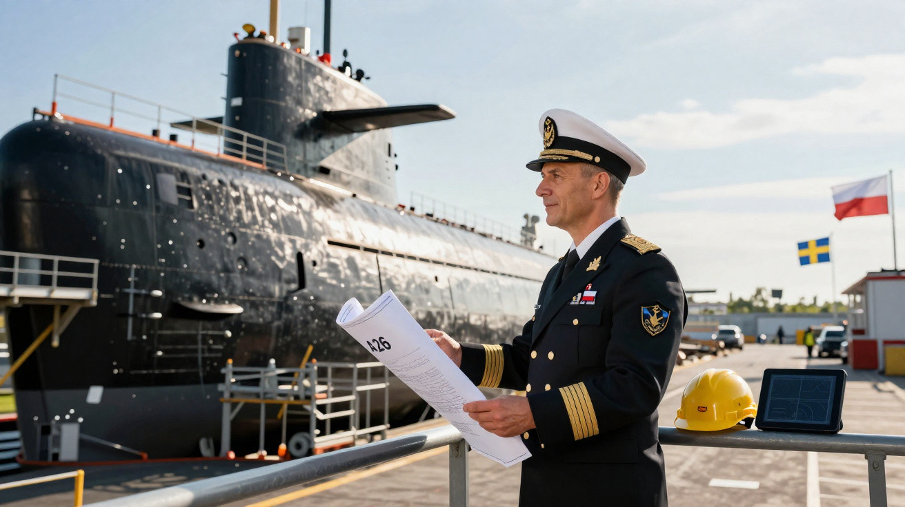 Oficial naval segurando plantas perto de submarino preto em doca com capacete e tablet à direita.