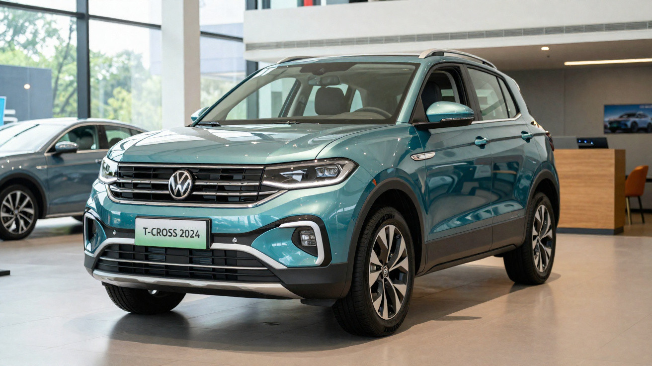 SUV Volkswagen T-Cross 2024 azul exibido em showroom moderno com iluminação natural.