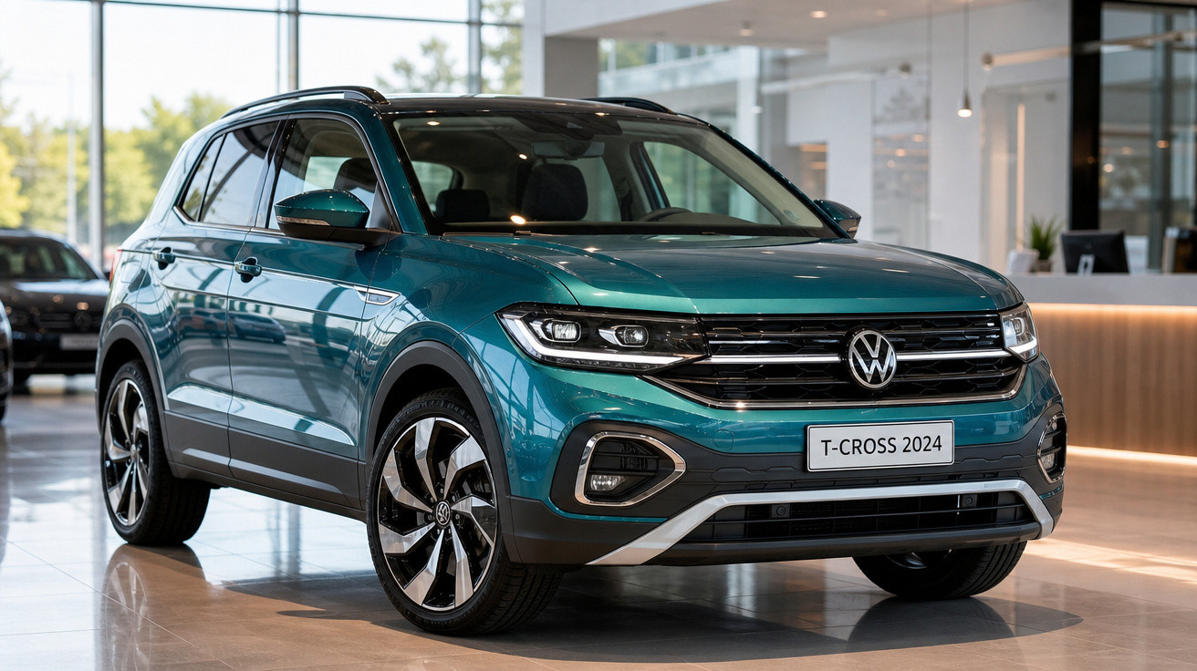 Volkswagen T-Cross 2024 verde exposto em showroom moderno com iluminação natural.