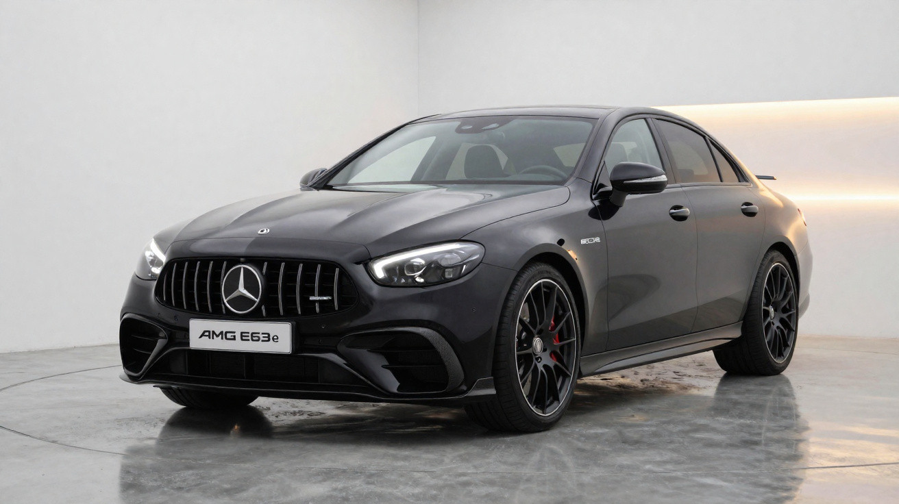 Carro Mercedes-Benz AMG E63e preto estacionado em ambiente interno com piso refletivo.