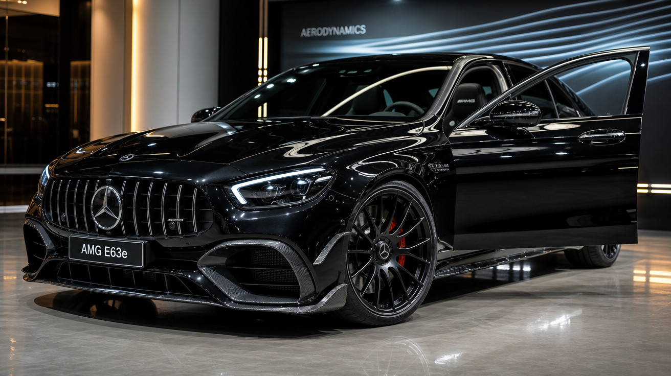 Carro preto Mercedes AMG E63e com porta dianteira aberta em showroom iluminado.