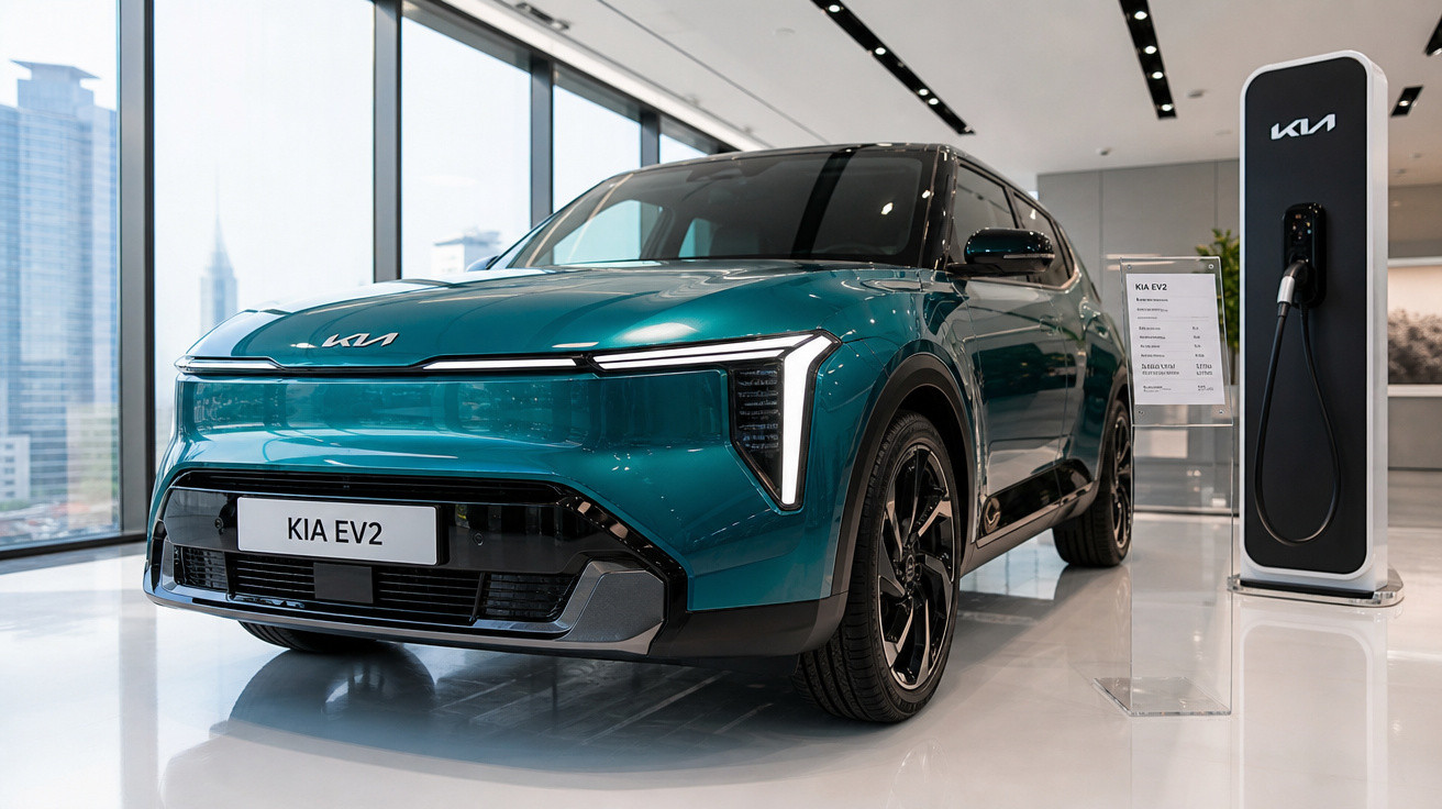 Carro elétrico Kia EV2 azul em sala de exposição com estação de recarga ao lado.