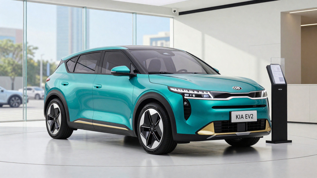 Carro elétrico Kia EV2 verde em exposição dentro de showroom moderno e iluminado.