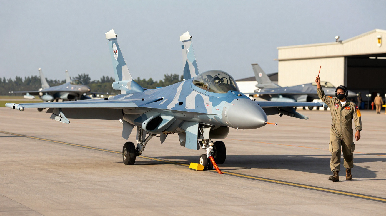 Caça militar camuflado azul no solo com tripulante em uniforme e máscara guiando nos hangares.