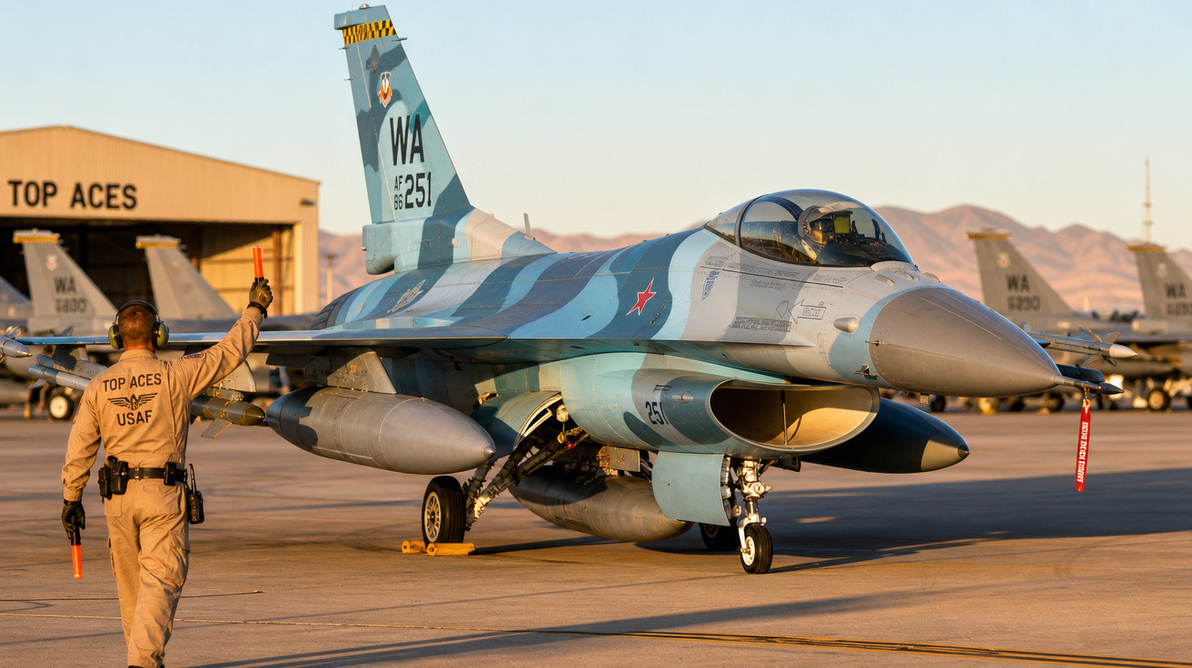 Caça F-16 camuflado, com sinalizador vermelho, sendo guiado por militar da USAF na pista de aeroporto militar.