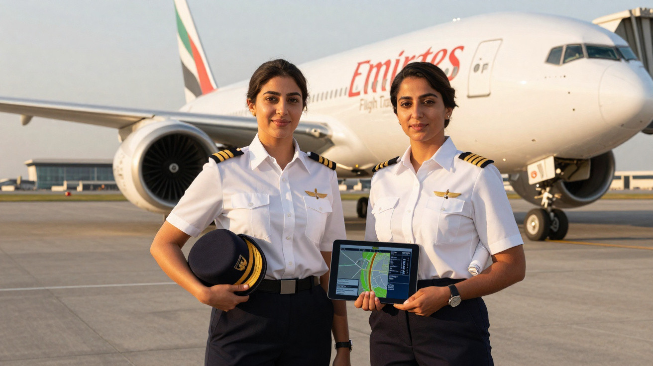 Duas piloto de avião em uniforme com boné e tablet em frente a aeronave da Emirates no aeroporto.