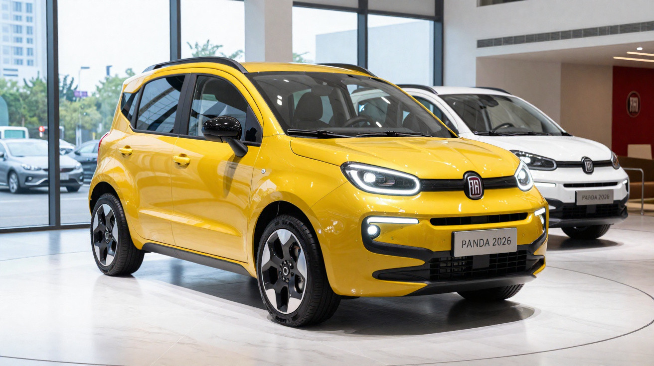 Carro Fiat Panda 2026 amarelo exibido em showroom moderno, com carro branco ao fundo.