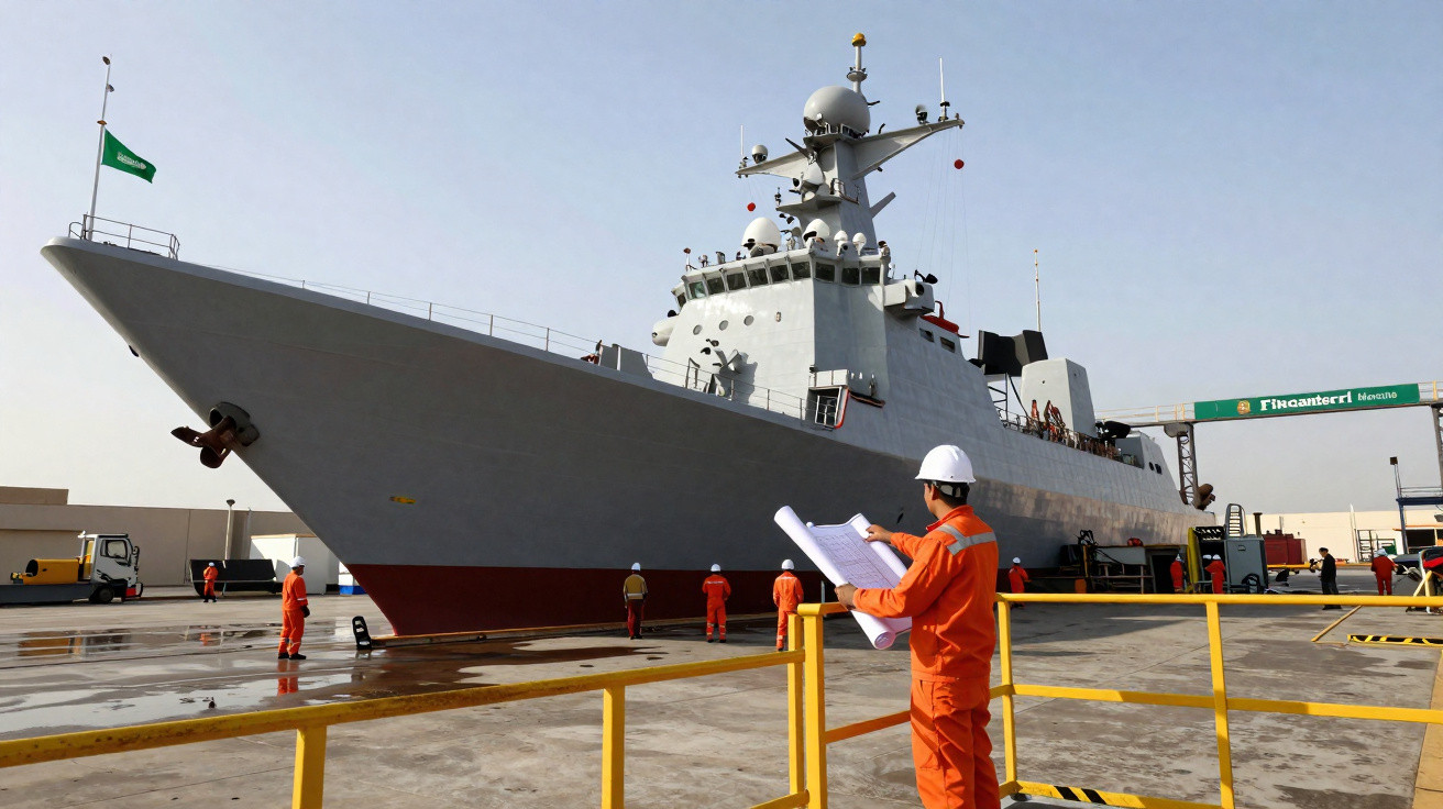 Homem com capacete branco e vestimenta laranja inspeciona navio de guerra cinza no cais industrial.