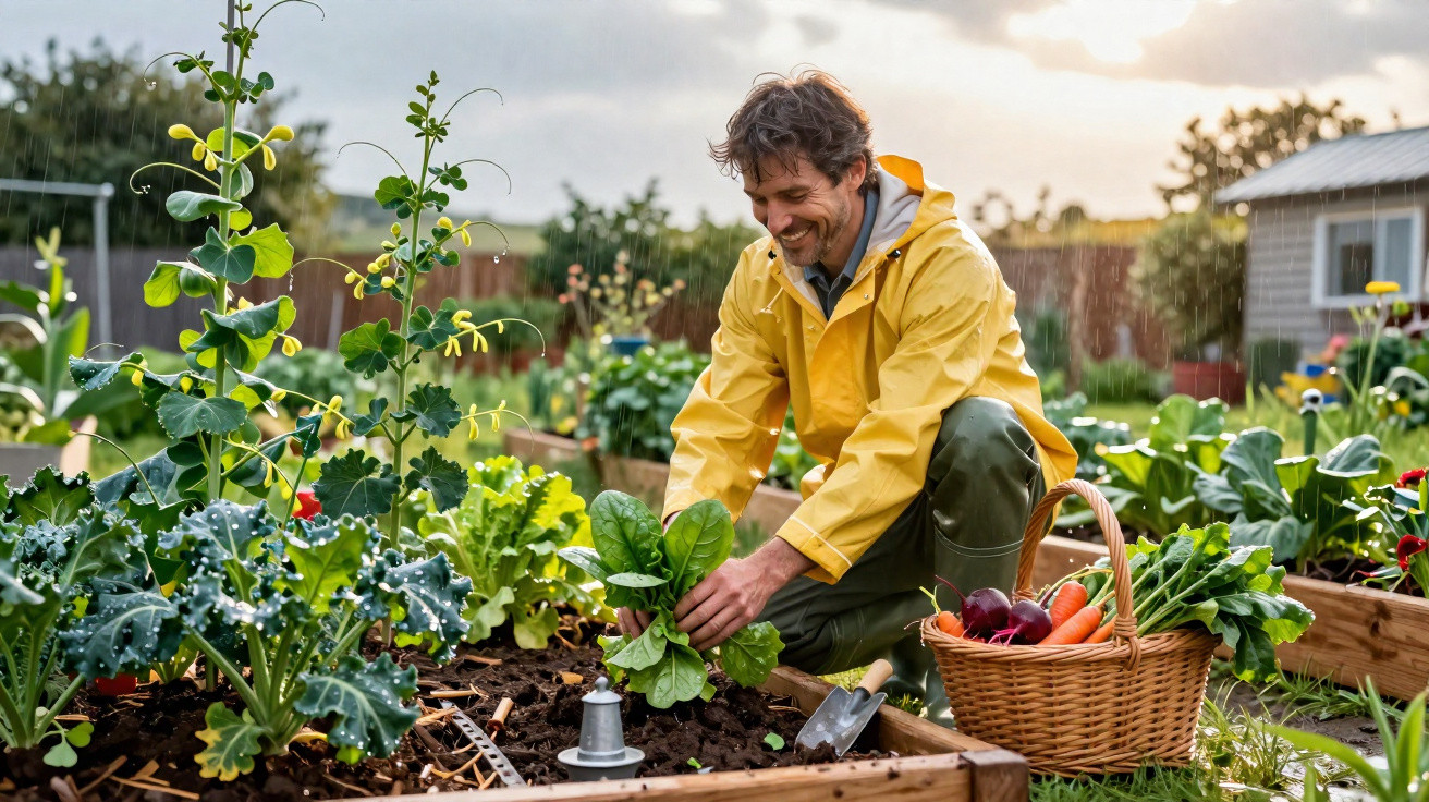 Homem de capa amarela colhendo verduras em canteiro de horta orgânica durante chuva leve.