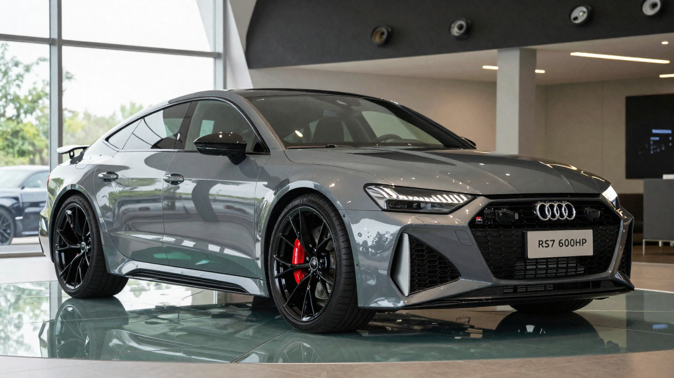 Carro esportivo Audi RS7 cinza com rodas pretas e freios vermelhos em showroom iluminado.
