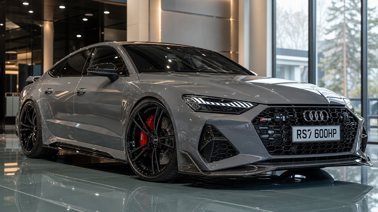 Carro esportivo Audi RS7 cinza prateado em exposição interna com rodas pretas e freios vermelhos.
