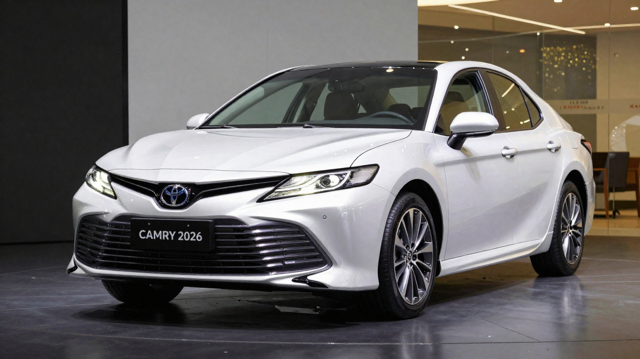 Carro sedã Toyota Camry 2026 branco exposto em ambiente interno moderno.