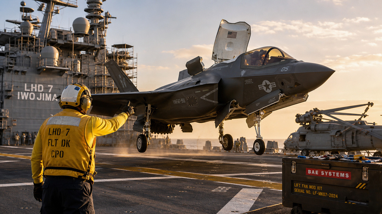 Pessoal da marinha no convés guia avião de caça F-35 prestes a pousar no navio USS Iwo Jima ao pôr do sol.