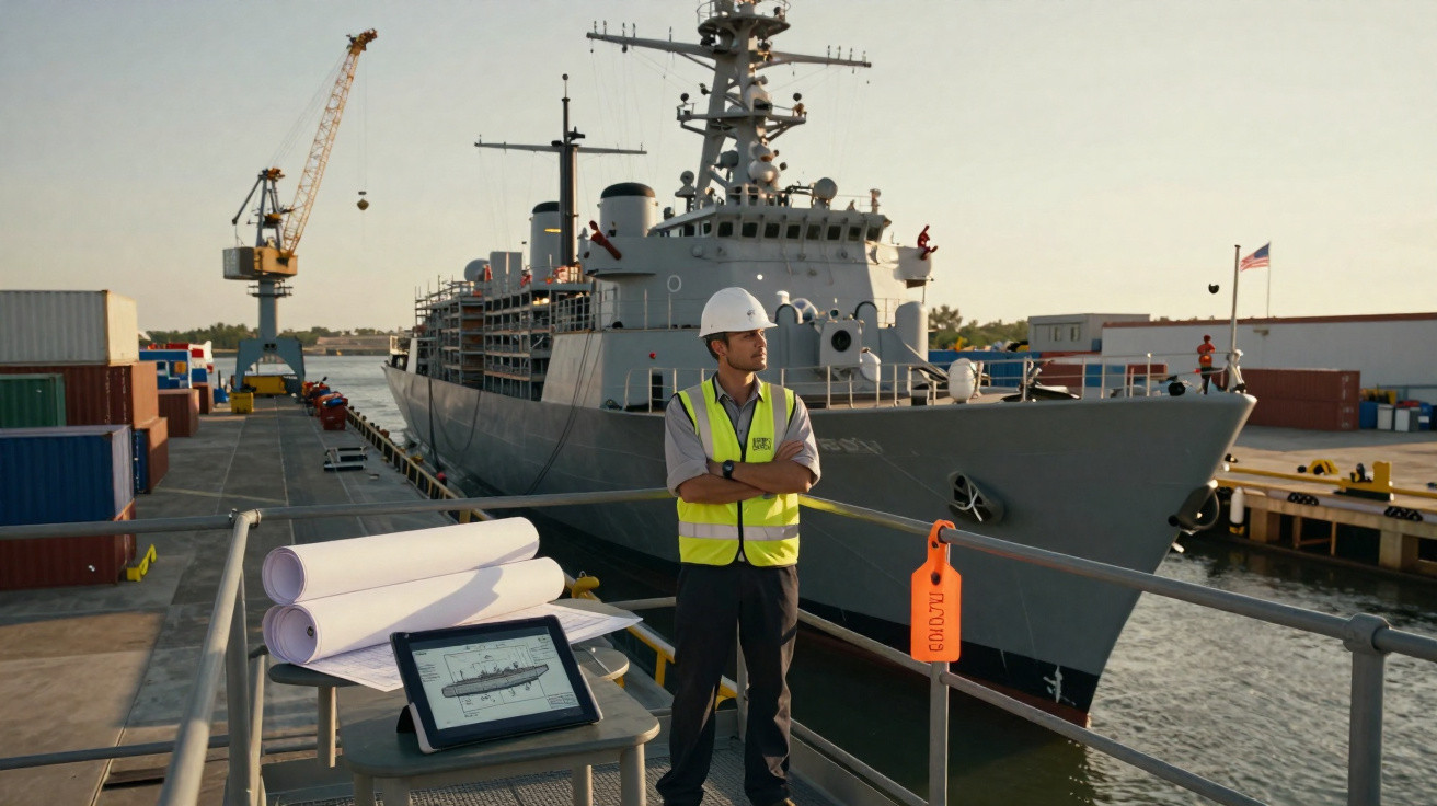 Homem com capacete e colete refletivo em um cais, com navio militar e planos técnicos ao fundo.